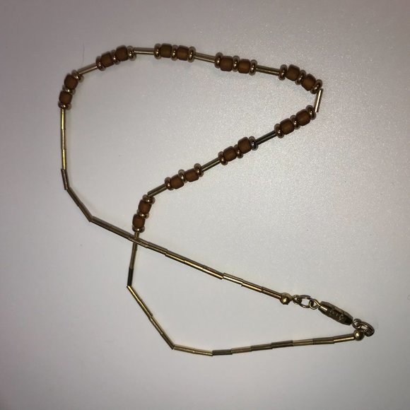 15" Golden Tube Seed Beads And Gold Beaded Necklace - Picture 3 of 4